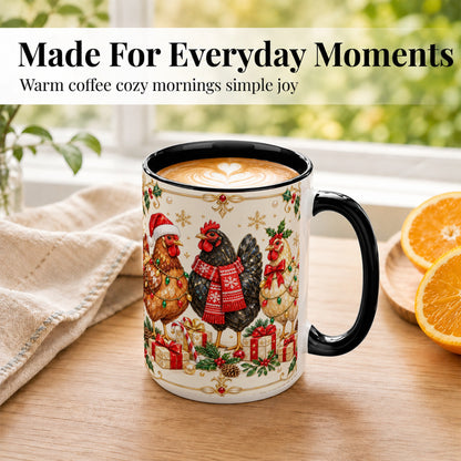 #pl[15oz|Black] Christmas Chickens Coffee Mug, Holiday Hens Mug, Ceramic Cup