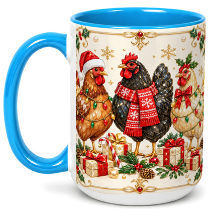 #pl[15oz|Blue] Christmas Chickens Coffee Mug, Holiday Hens Mug, Ceramic Cup