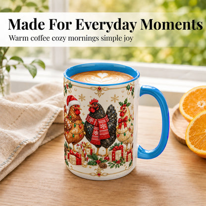 #pl[15oz|Blue] Christmas Chickens Coffee Mug, Holiday Hens Mug, Ceramic Cup