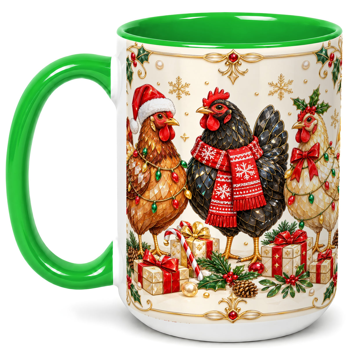 #pl[15oz|Green] Christmas Chickens Coffee Mug, Holiday Hens Mug, Ceramic Cup