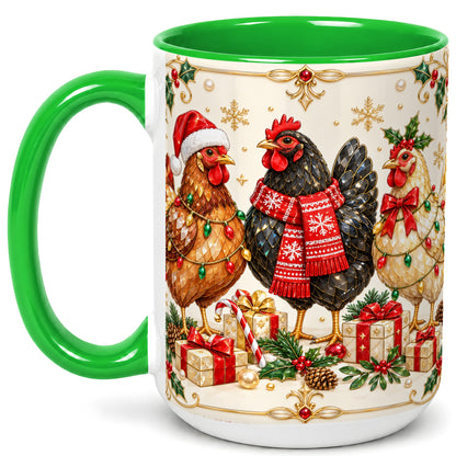 #pl[15oz|Green] Christmas Chickens Coffee Mug, Holiday Hens Mug, Ceramic Cup