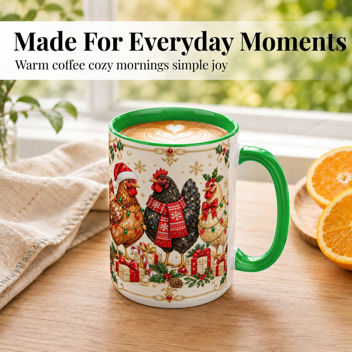 #pl[15oz|Green] Christmas Chickens Coffee Mug, Holiday Hens Mug, Ceramic Cup
