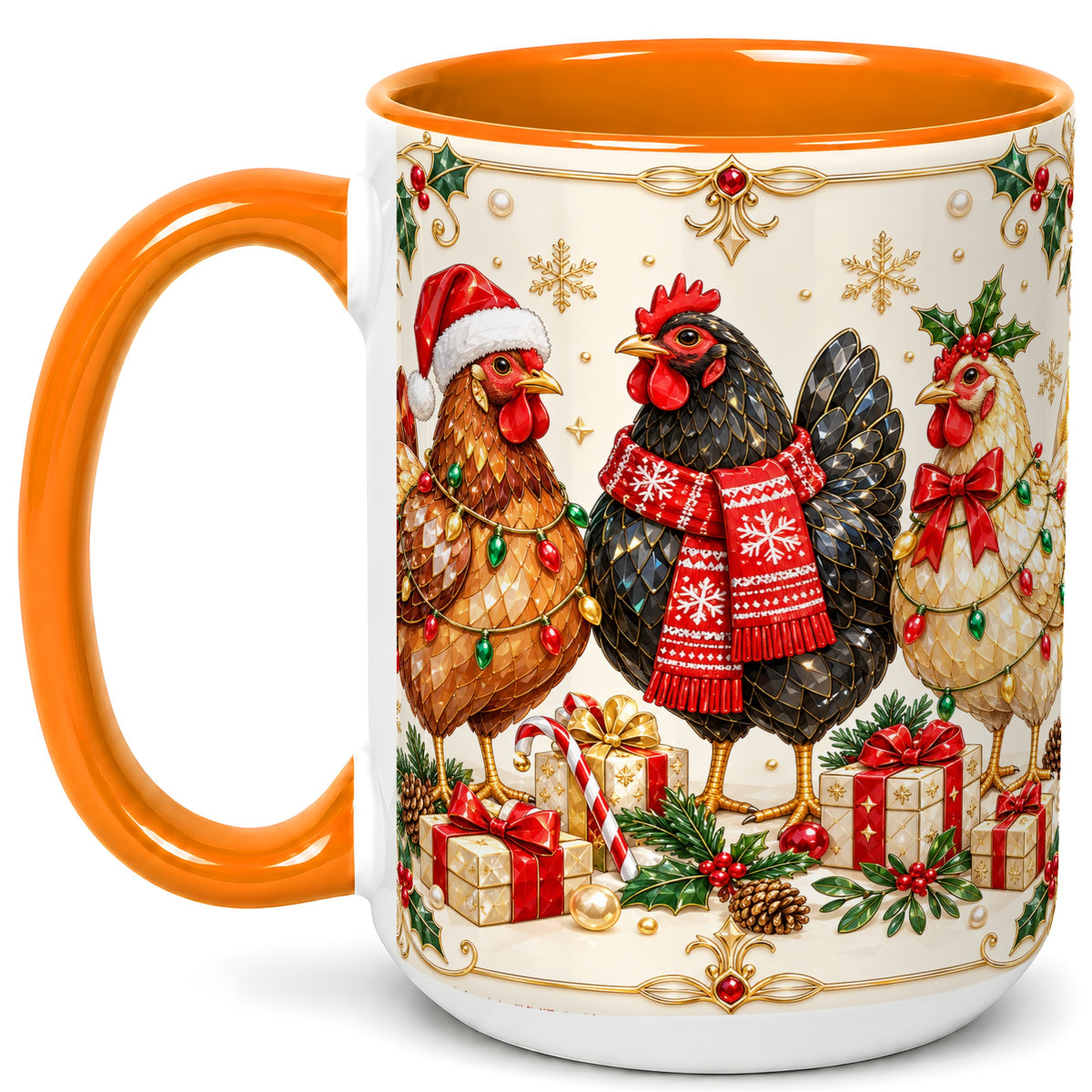#pl[15oz|Orange] Christmas Chickens Coffee Mug, Holiday Hens Mug, Ceramic Cup
