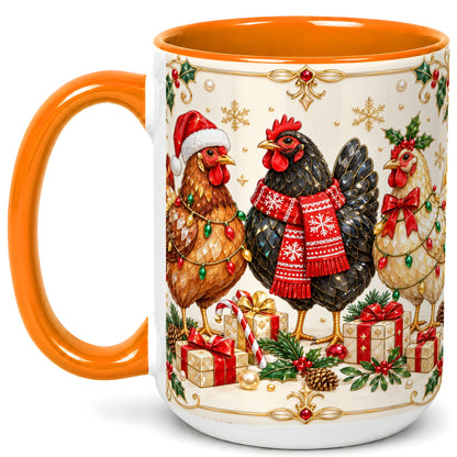 #pl[15oz|Orange] Christmas Chickens Coffee Mug, Holiday Hens Mug, Ceramic Cup