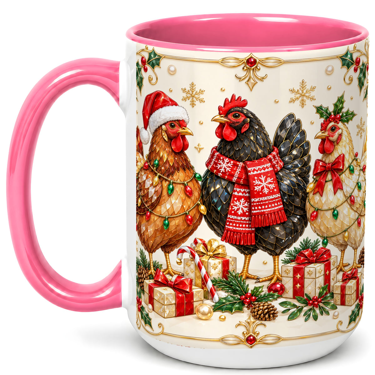 #pl[15oz|Pink] Christmas Chickens Coffee Mug, Holiday Hens Mug, Ceramic Cup