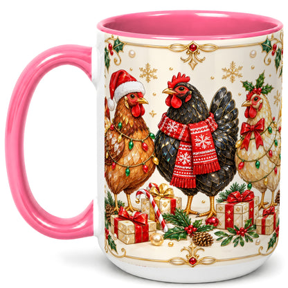 #pl[15oz|Pink] Christmas Chickens Coffee Mug, Holiday Hens Mug, Ceramic Cup