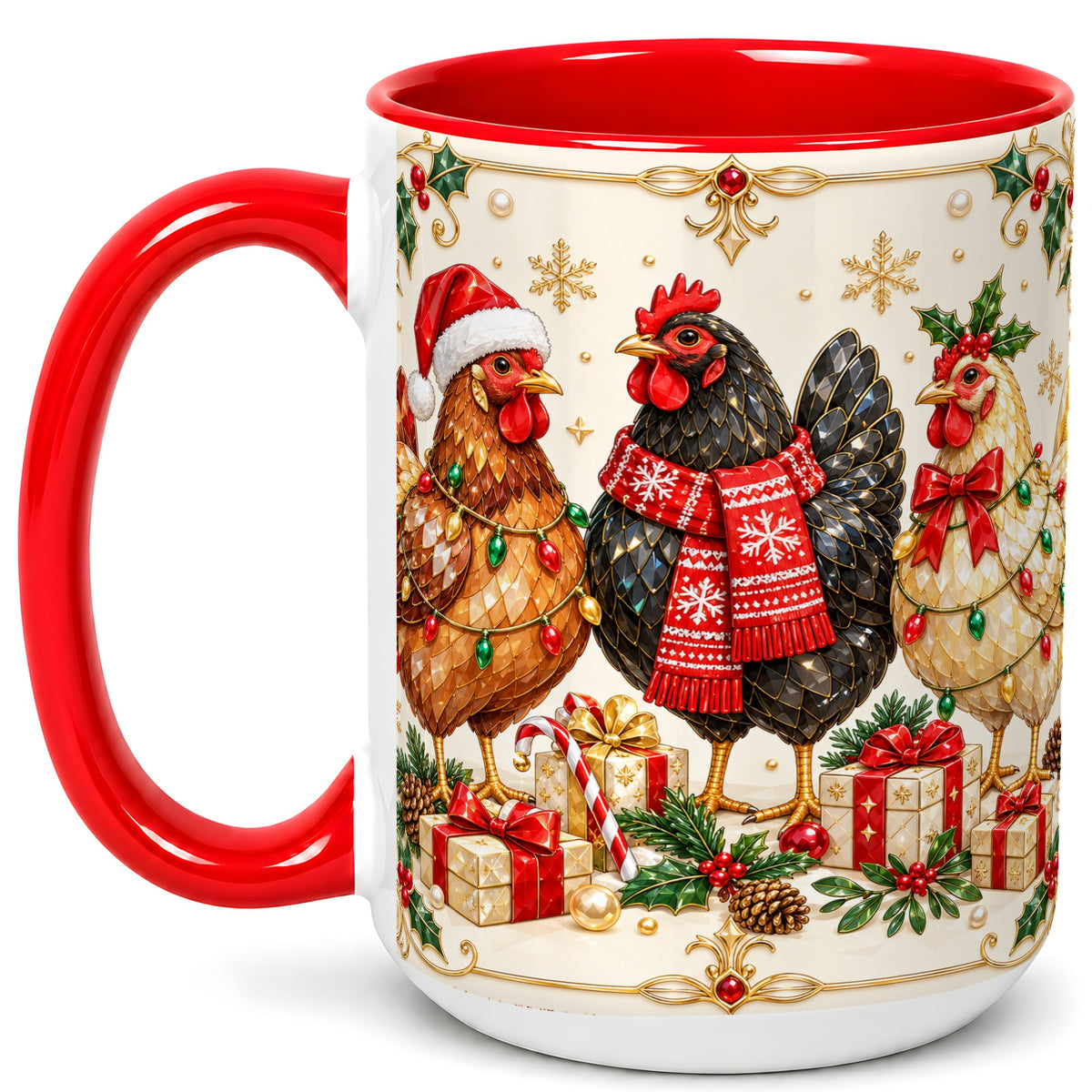#pl[15oz|Red] Christmas Chickens Coffee Mug, Holiday Hens Mug, Ceramic Cup