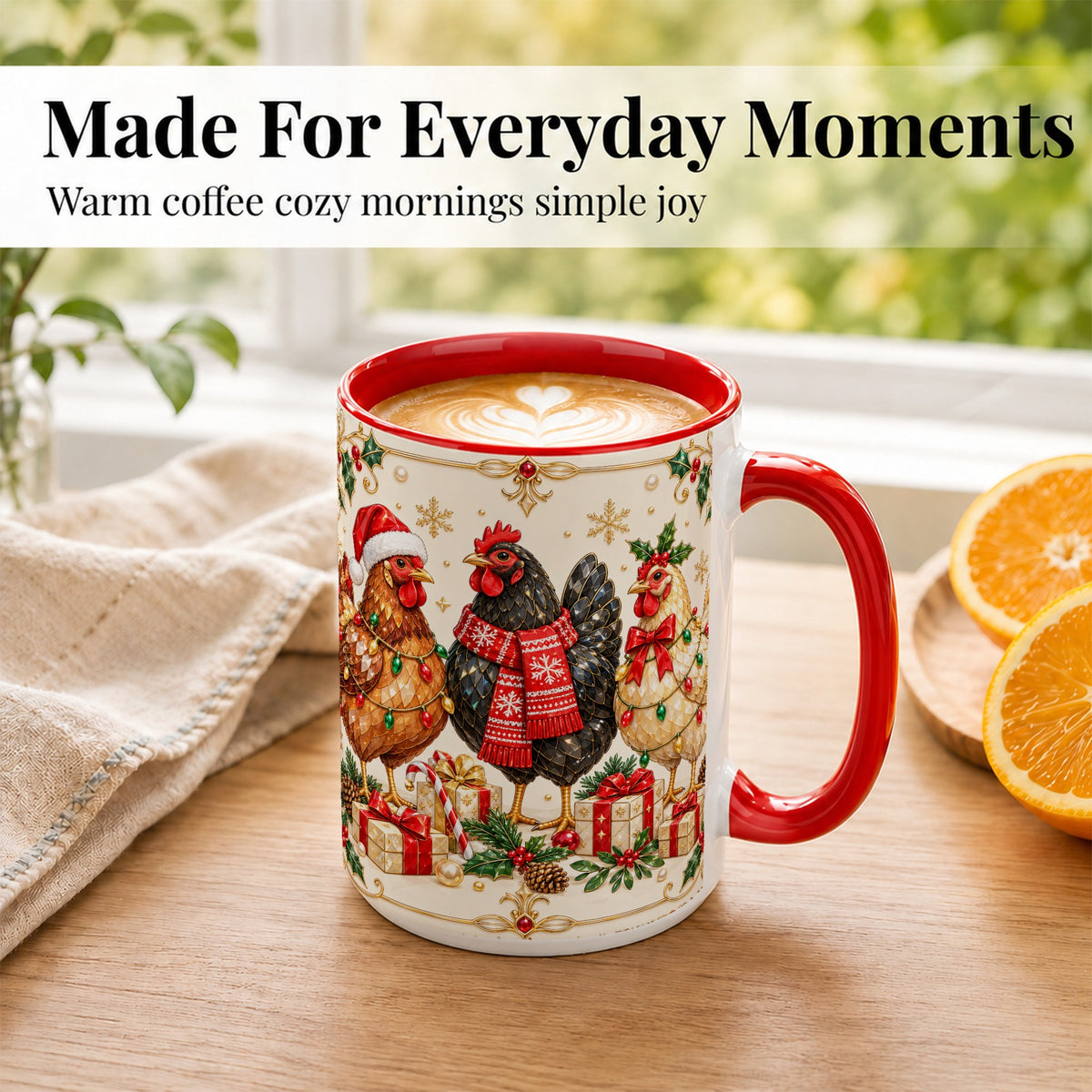 #pl[15oz|Red] Christmas Chickens Coffee Mug, Holiday Hens Mug, Ceramic Cup
