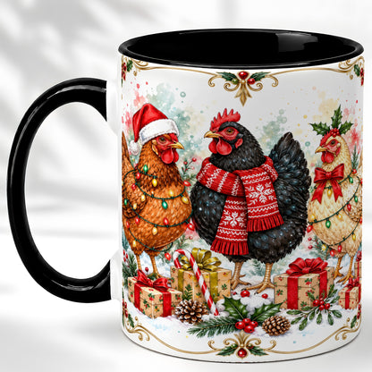#pl[11oz|Black] Watercolor Christmas Chickens Coffee Mug, Holiday Hens Mug, Ceramic Cup