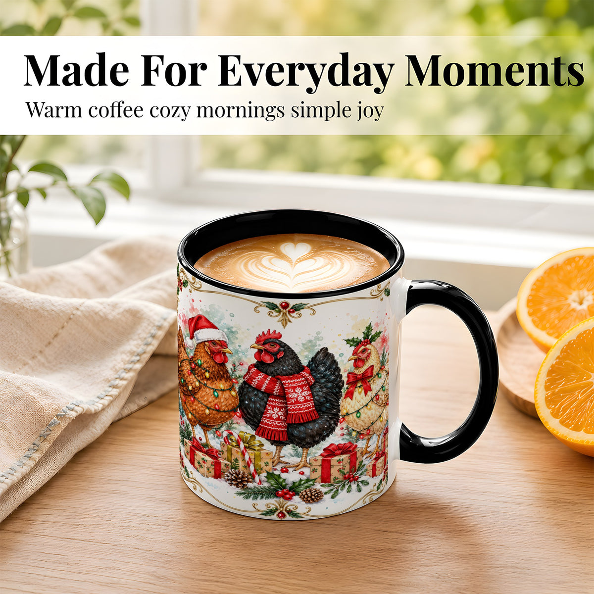 #pl[11oz|Black] Watercolor Christmas Chickens Coffee Mug, Holiday Hens Mug, Ceramic Cup
