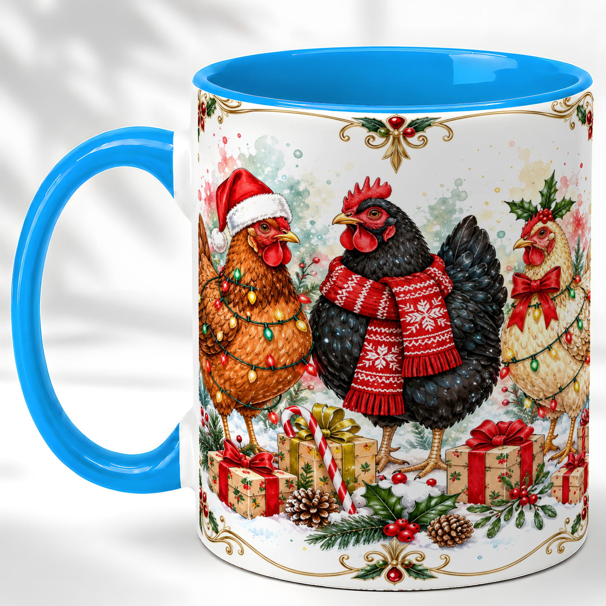 #pl[11oz|Blue] Watercolor Christmas Chickens Coffee Mug, Holiday Hens Mug, Ceramic Cup