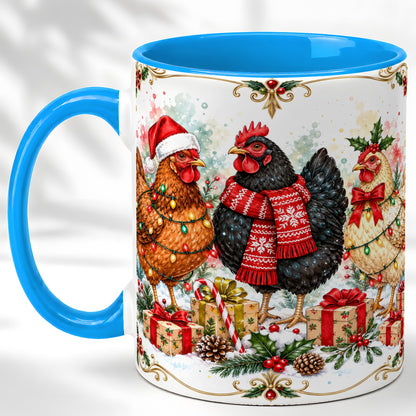 #pl[11oz|Blue] Watercolor Christmas Chickens Coffee Mug, Holiday Hens Mug, Ceramic Cup
