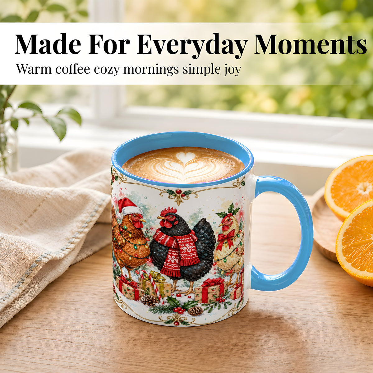 #pl[11oz|Blue] Watercolor Christmas Chickens Coffee Mug, Holiday Hens Mug, Ceramic Cup