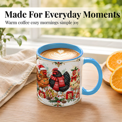 #pl[11oz|Blue] Watercolor Christmas Chickens Coffee Mug, Holiday Hens Mug, Ceramic Cup