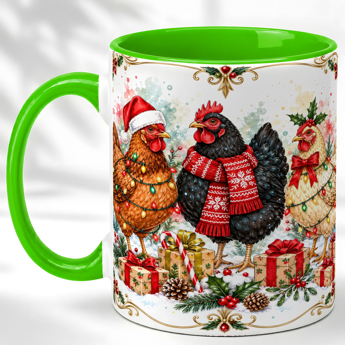 #pl[11oz|Green] Watercolor Christmas Chickens Coffee Mug, Holiday Hens Mug, Ceramic Cup