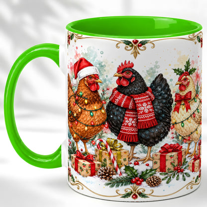 #pl[11oz|Green] Watercolor Christmas Chickens Coffee Mug, Holiday Hens Mug, Ceramic Cup