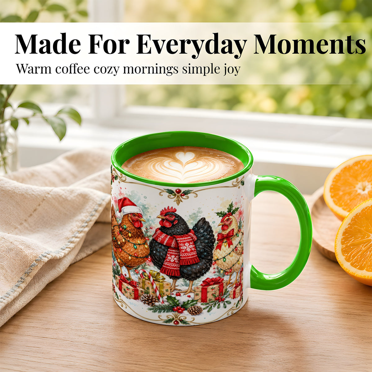 #pl[11oz|Green] Watercolor Christmas Chickens Coffee Mug, Holiday Hens Mug, Ceramic Cup
