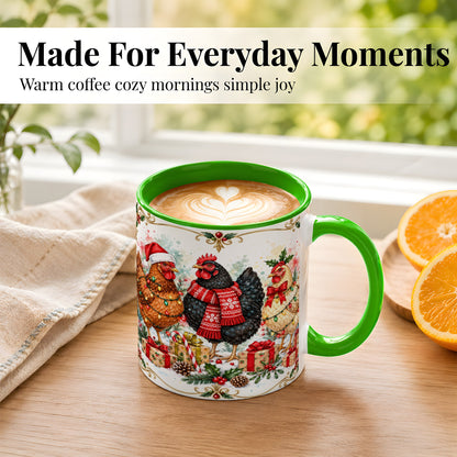 #pl[11oz|Green] Watercolor Christmas Chickens Coffee Mug, Holiday Hens Mug, Ceramic Cup
