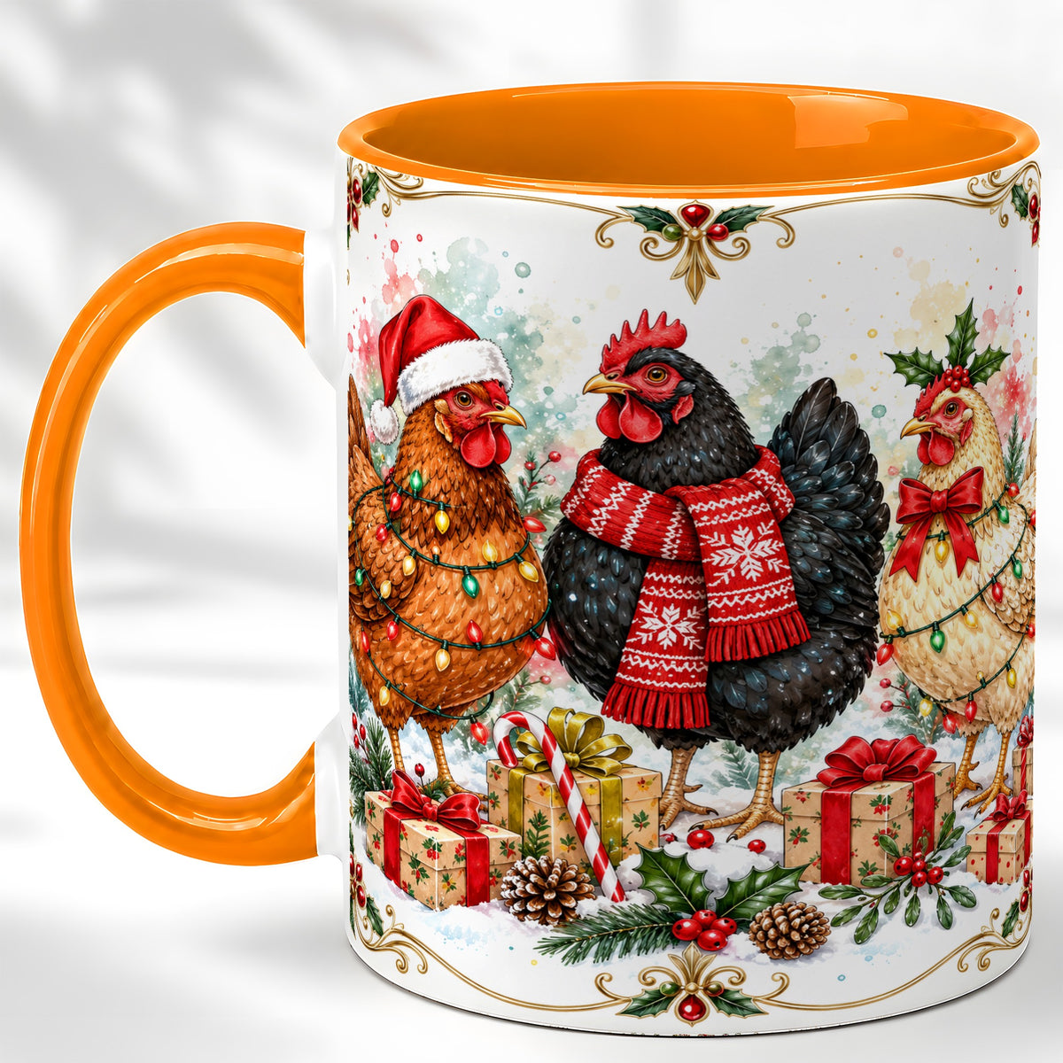 #pl[11oz|Orange] Watercolor Christmas Chickens Coffee Mug, Holiday Hens Mug, Ceramic Cup