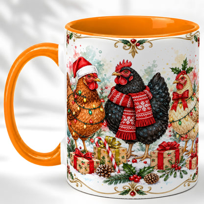 #pl[11oz|Orange] Watercolor Christmas Chickens Coffee Mug, Holiday Hens Mug, Ceramic Cup