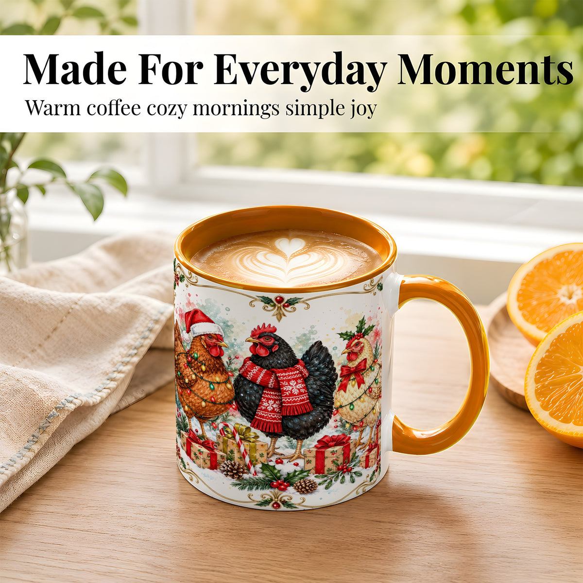 #pl[11oz|Orange] Watercolor Christmas Chickens Coffee Mug, Holiday Hens Mug, Ceramic Cup