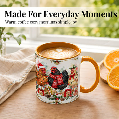 #pl[11oz|Orange] Watercolor Christmas Chickens Coffee Mug, Holiday Hens Mug, Ceramic Cup