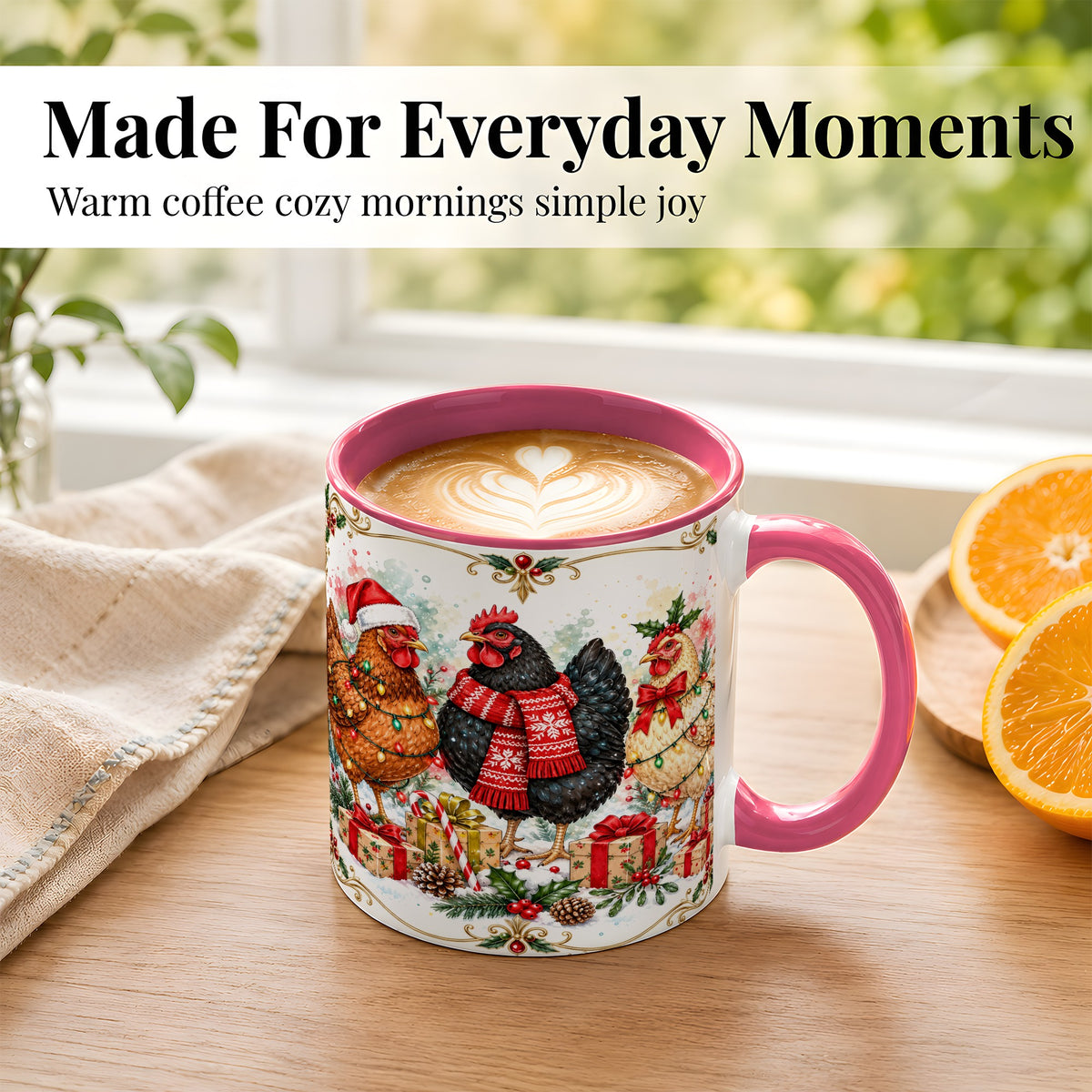 #pl[11oz|Pink] Watercolor Christmas Chickens Coffee Mug, Holiday Hens Mug, Ceramic Cup