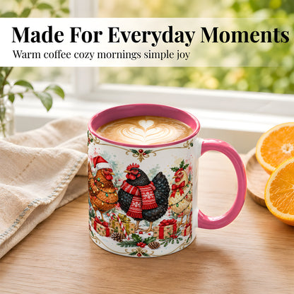 #pl[11oz|Pink] Watercolor Christmas Chickens Coffee Mug, Holiday Hens Mug, Ceramic Cup