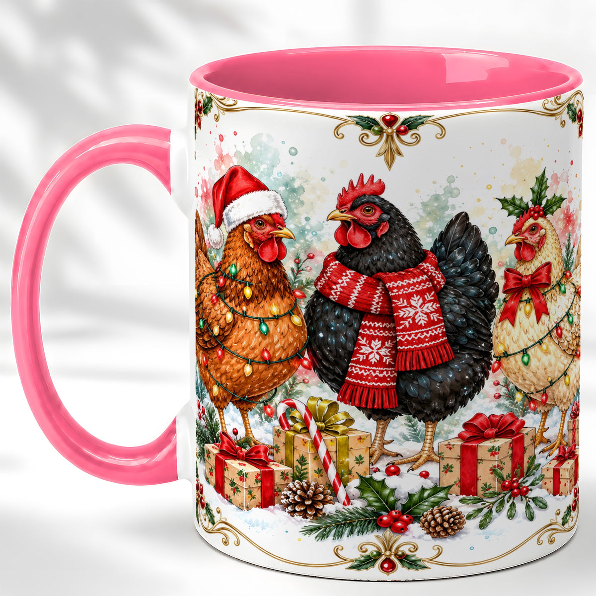 #pl[11oz|Pink] Watercolor Christmas Chickens Coffee Mug, Holiday Hens Mug, Ceramic Cup