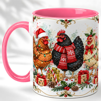 #pl[11oz|Pink] Watercolor Christmas Chickens Coffee Mug, Holiday Hens Mug, Ceramic Cup