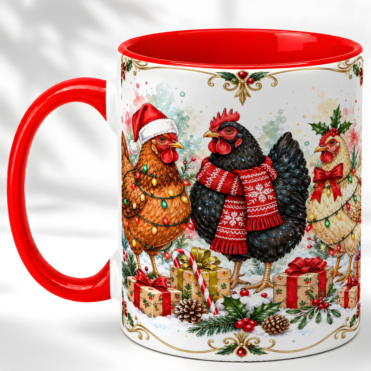 Watercolor Christmas Chickens Coffee Mug, Holiday Hens Mug, Ceramic Cup