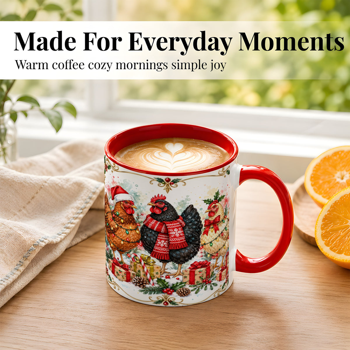 #pl[11oz|Red] Watercolor Christmas Chickens Coffee Mug, Holiday Hens Mug, Ceramic Cup