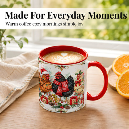 #pl[11oz|Red] Watercolor Christmas Chickens Coffee Mug, Holiday Hens Mug, Ceramic Cup