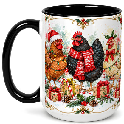 #pl[15oz|Black] Watercolor Christmas Chickens Coffee Mug, Holiday Hens Mug, Ceramic Cup