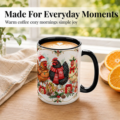 #pl[15oz|Black] Watercolor Christmas Chickens Coffee Mug, Holiday Hens Mug, Ceramic Cup