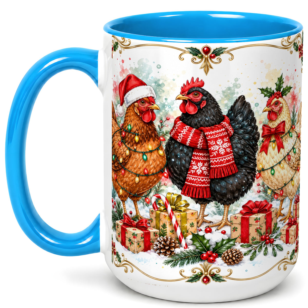 #pl[15oz|Blue] Watercolor Christmas Chickens Coffee Mug, Holiday Hens Mug, Ceramic Cup