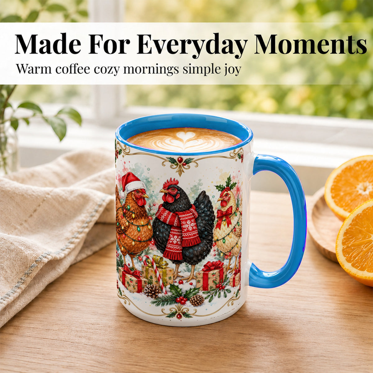 #pl[15oz|Blue] Watercolor Christmas Chickens Coffee Mug, Holiday Hens Mug, Ceramic Cup
