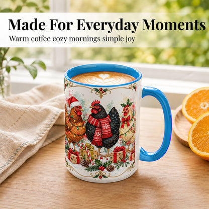 #pl[15oz|Blue] Watercolor Christmas Chickens Coffee Mug, Holiday Hens Mug, Ceramic Cup