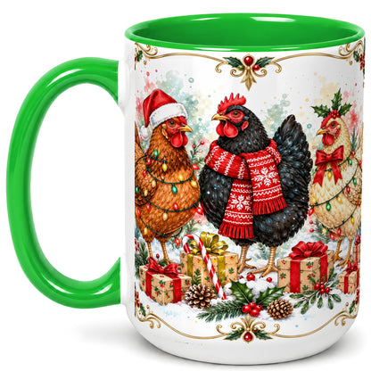 #pl[15oz|Green] Watercolor Christmas Chickens Coffee Mug, Holiday Hens Mug, Ceramic Cup