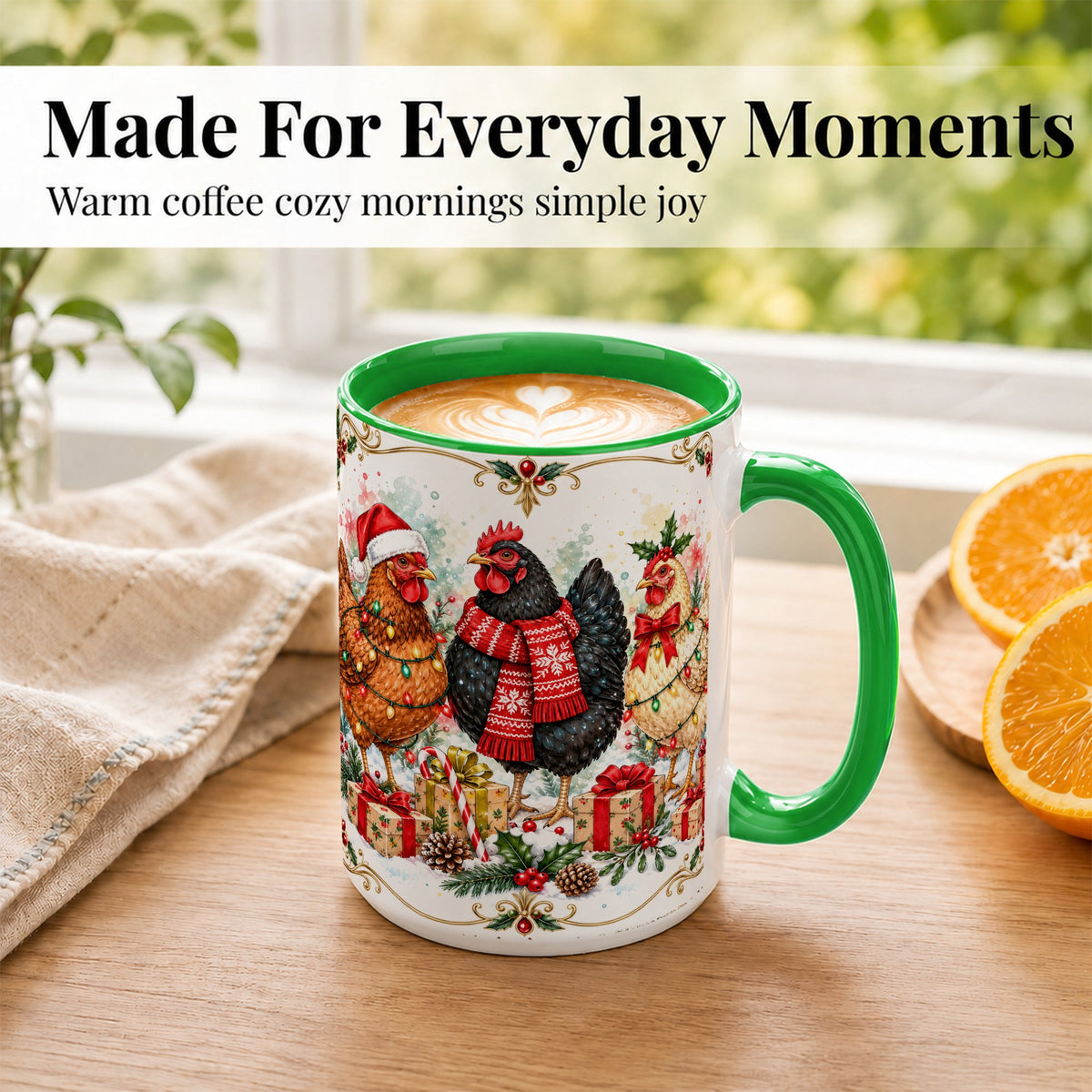 #pl[15oz|Green] Watercolor Christmas Chickens Coffee Mug, Holiday Hens Mug, Ceramic Cup