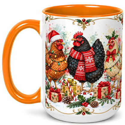 #pl[15oz|Orange] Watercolor Christmas Chickens Coffee Mug, Holiday Hens Mug, Ceramic Cup