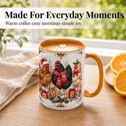 #pl[15oz|Orange] Watercolor Christmas Chickens Coffee Mug, Holiday Hens Mug, Ceramic Cup
