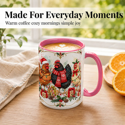 #pl[15oz|Pink] Watercolor Christmas Chickens Coffee Mug, Holiday Hens Mug, Ceramic Cup