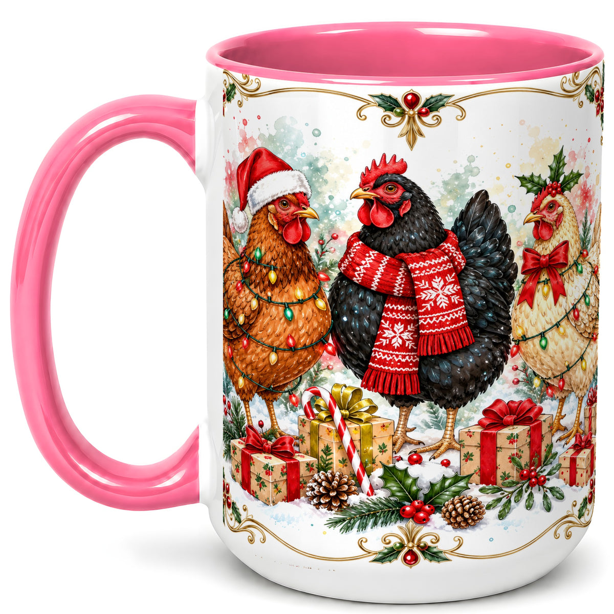 #pl[15oz|Pink] Watercolor Christmas Chickens Coffee Mug, Holiday Hens Mug, Ceramic Cup