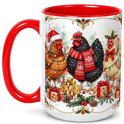 #pl[15oz|Red] Watercolor Christmas Chickens Coffee Mug, Holiday Hens Mug, Ceramic Cup