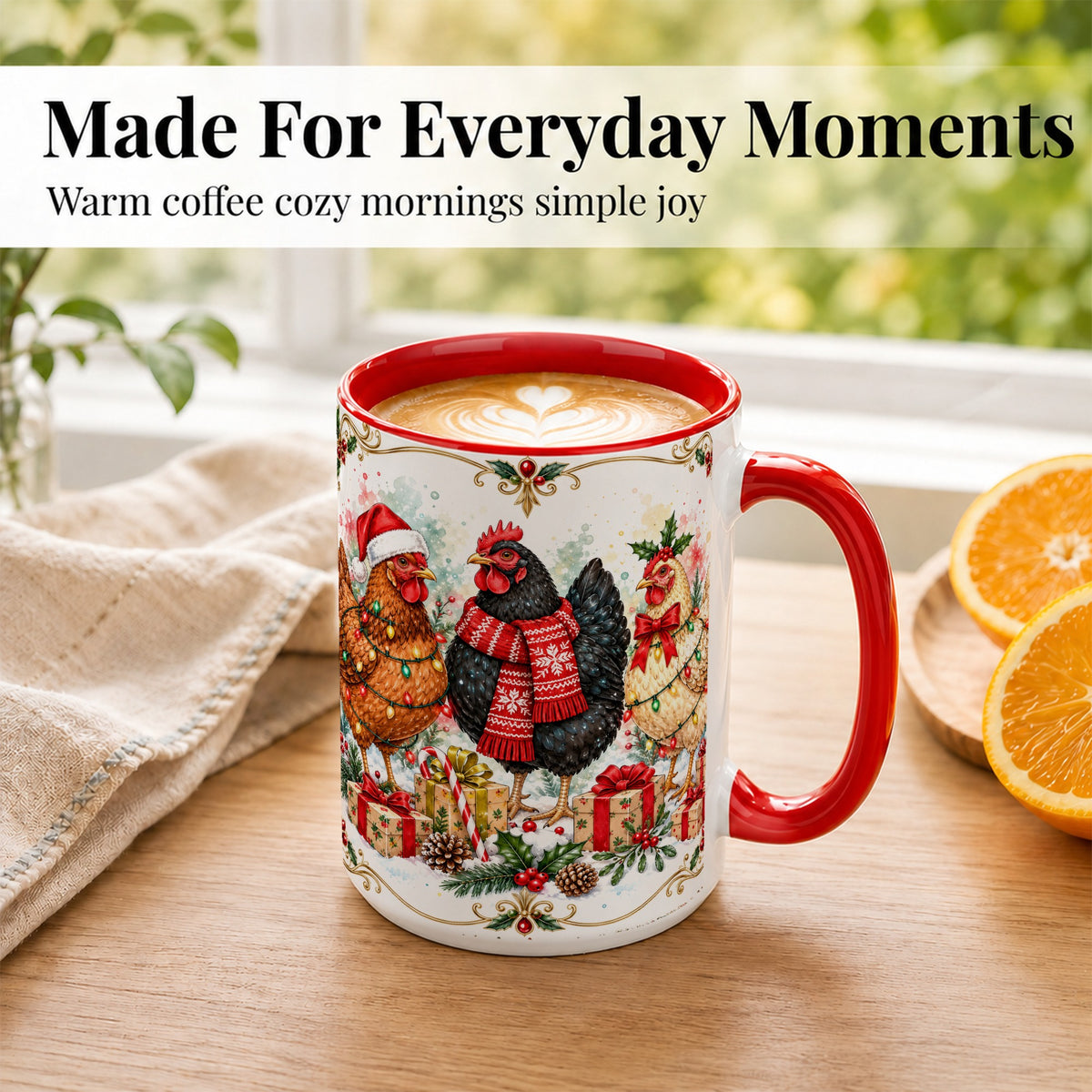 #pl[15oz|Red] Watercolor Christmas Chickens Coffee Mug, Holiday Hens Mug, Ceramic Cup