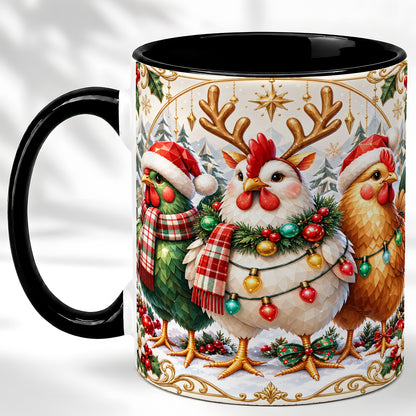 #pl[11oz|Black] Christmas Chickens Coffee Mug, Reindeer Hens Mug, Ceramic Cup