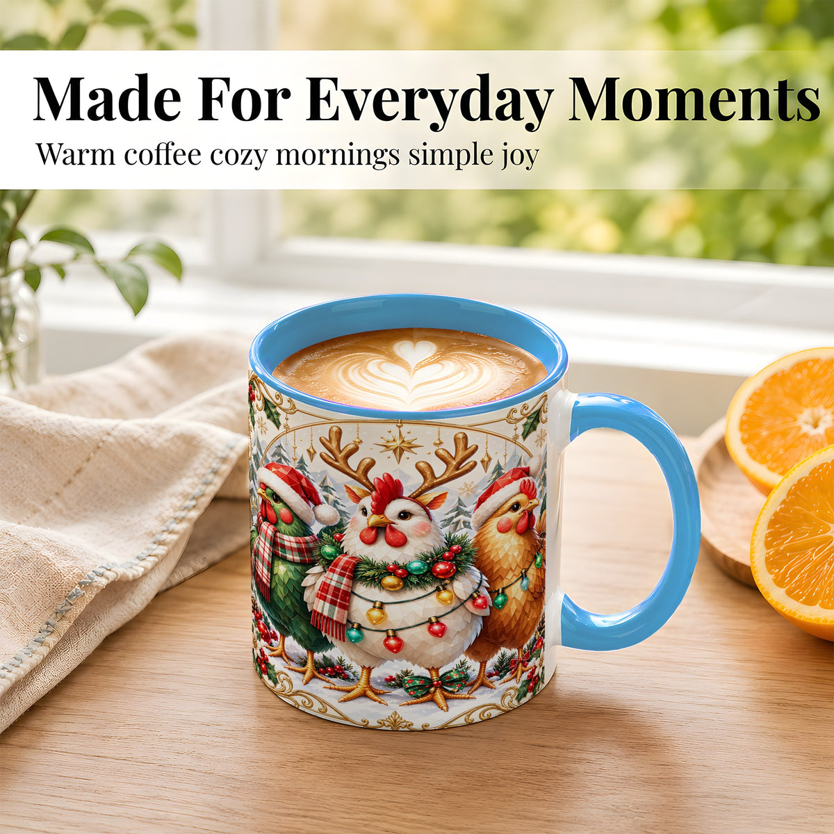 #pl[11oz|Blue] Christmas Chickens Coffee Mug, Reindeer Hens Mug, Ceramic Cup