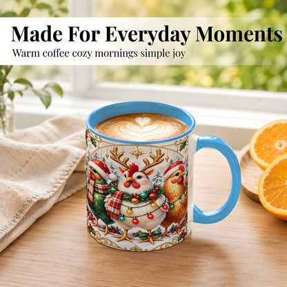#pl[11oz|Blue] Christmas Chickens Coffee Mug, Reindeer Hens Mug, Ceramic Cup
