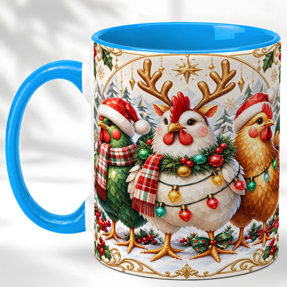 #pl[11oz|Blue] Christmas Chickens Coffee Mug, Reindeer Hens Mug, Ceramic Cup